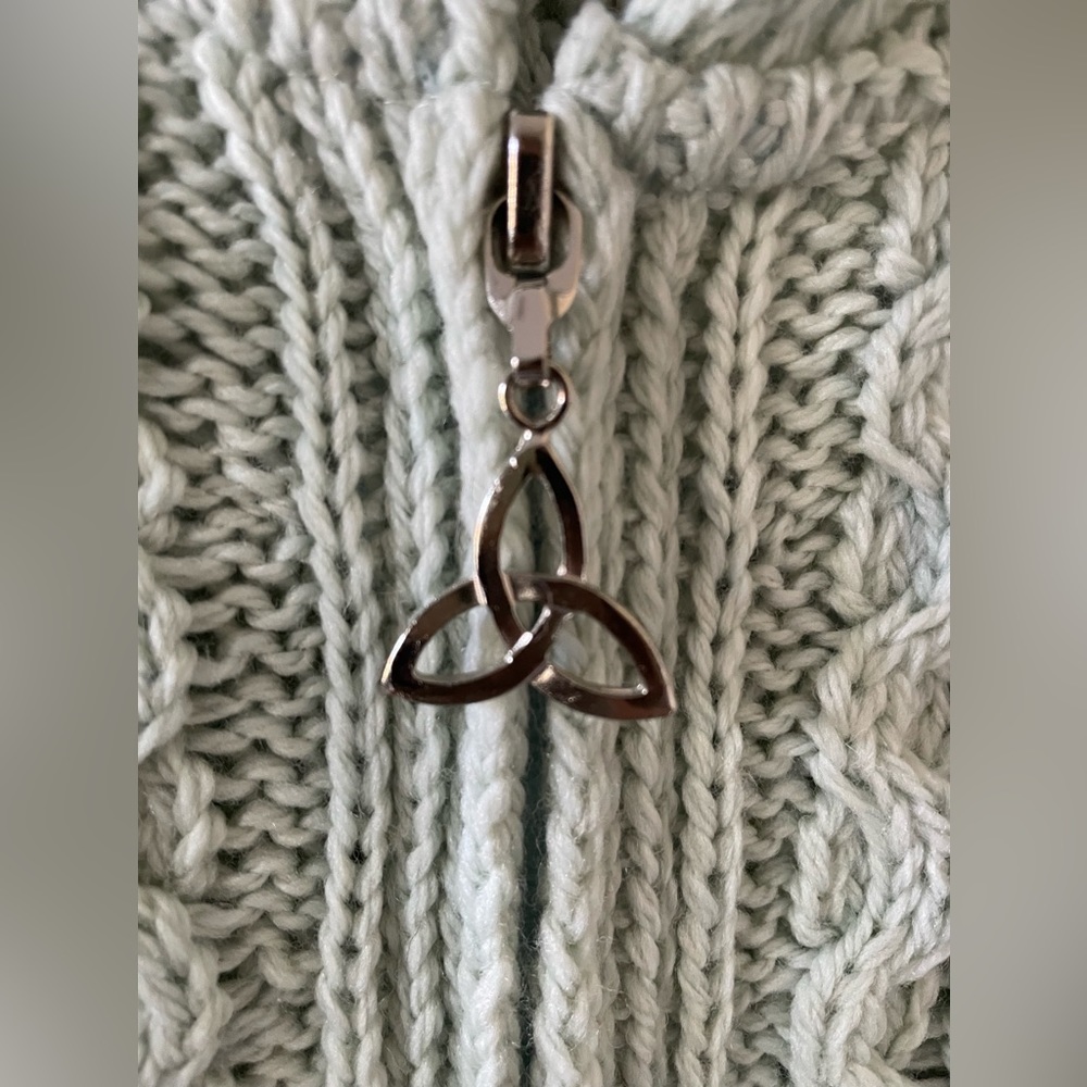 Aran Crafts Ireland 100% merino wool light green long zip up cardigan sweater S - Picture 8 of 13